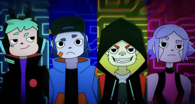 A stylized animated image of four cartoon characters in hoodies standing in front of neon-lit backgrounds in blue, green, and purple tones.
