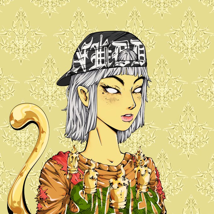 The image features a cartoon girl with blonde hair wearing a black baseball cap, a green shirt, and gold earrings. She has a cat tail that appears to be made of candy or chocolate. The background consists of a yellow wall adorned with an intricate floral pattern. In the bottom right corner of the image, there is text that reads "PFP marketplace is acc lit asf Imagine having like 10 diff collections on it Shit gnna be crazy - so smooth too using it."