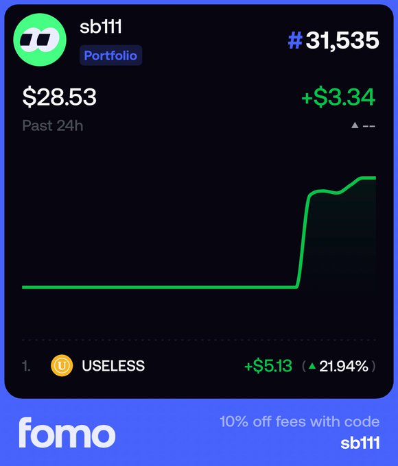 A Fomo app portfolio screenshot showing "sb111" with a value of $28.53, up $3.34 in the past 24 hours, featuring a dramatic upward green chart line and USELESS token showing +$5.13 (21.94%).