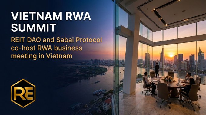 Promotional banner for the 'VIETNAM RWA SUMMIT' stating 'REIT DAO and Sabai Protocol co-host RWA business meeting in Vietnam', featuring a corporate meeting room with a city skyline view and a gold 'RE' logo.