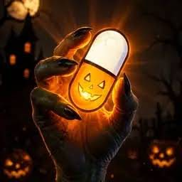 A Halloween-themed digital illustration shows a monstrous skeletal hand holding a glowing orange and white pill with a jack-o'-lantern face, set against a spooky haunted house background with full moon and bare trees.