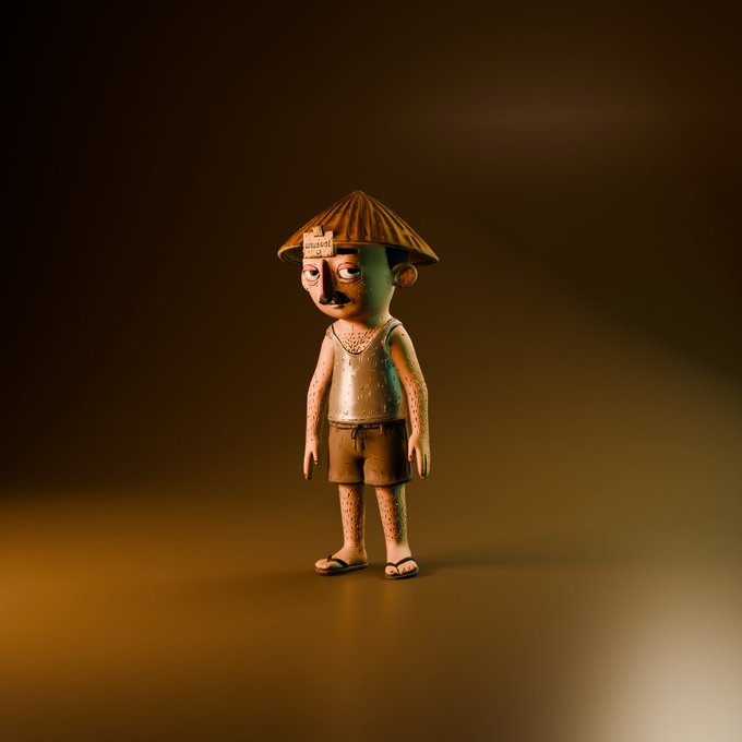 A rendered figurine of the "Unusual Tourist" (wearing a conical hat, tank top, and shorts) stands on a warm, gradient-lit backdrop—showcasing the 3D model transformation mentioned in the post, turning the unusual into a tangible, print-ready collectible.