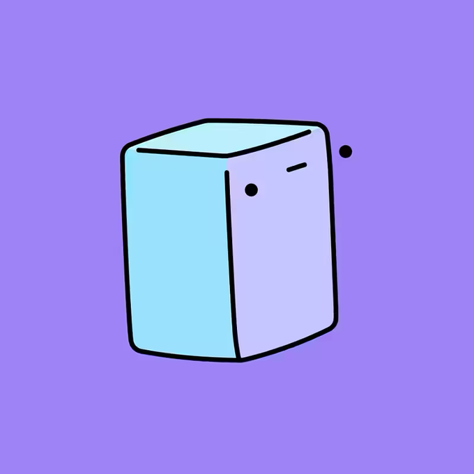 A cartoon drawing of a light blue cube with a simple face consisting of two dot eyes and a small straight line mouth, set against a purple background.