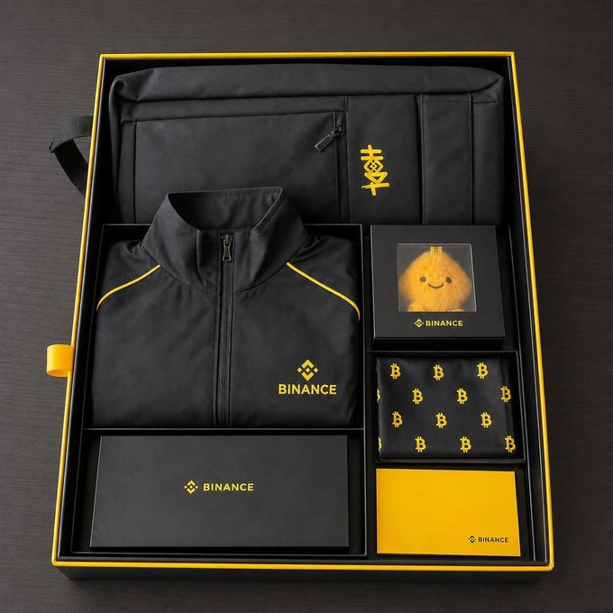 A black and yellow Binance-themed merchandise gift box featuring a branded jacket with the Binance logo, a backpack, a smiley-face mascot plush, a Bitcoin-patterned accessory, and other branded items in a presentation case, promoting Binance's 9th anniversary giveaway contest.