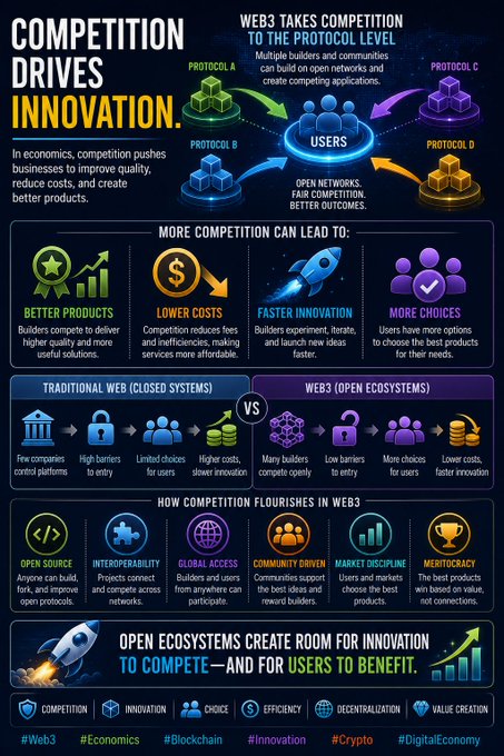 An infographic titled 'COMPETITION DRIVES INNOVATION' explaining how Web3 takes competition to the protocol level, comparing traditional closed web systems with Web3 open ecosystems across categories like open source, interoperability, and meritocracy.