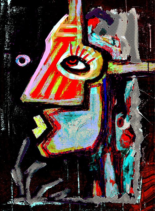 A vibrant abstract painting with a stylized face featuring a large eye with eyelashes, rendered in bold red, yellow, blue, and black colors with textured brushstrokes.