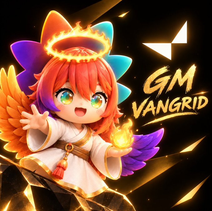 Colorful chibi-style angel mascot with rainbow wings and a flaming halo holding a ball of fire, promoting 'GM VANGRID' in golden stylized text next to a white geometric logo on a dark background.
