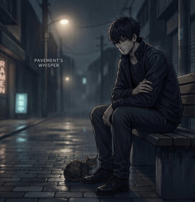 An anime-style illustration of a young man with dark hair sitting on a bench in a rainy city street at night, with a cat beside him, labeled 'Pavement's Whisper'.