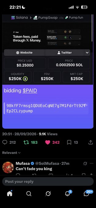 A mobile screenshot of a token page on pump.fun, showing a token named '$PAID' with $250,000 in liquidity, market cap, and FDV, along with comments and engagement metrics.