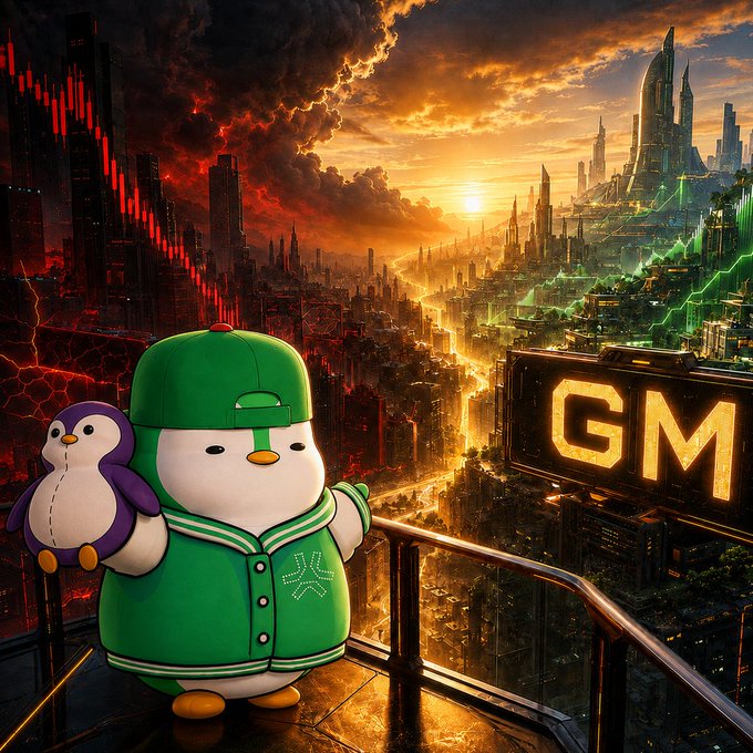 A cartoon penguin character in a green tracksuit and cap holding a smaller penguin stands before a futuristic cityscape with a 'GM' neon sign and red downward market chart.