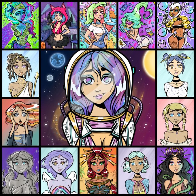 A digital art collage features a central anime-style female astronaut with purple hair, surrounded by twelve smaller character portraits with vibrant hair colors and fantasy themes.