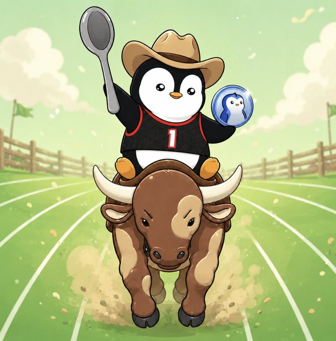 Cartoon illustration of a penguin wearing a cowboy hat and red jersey with the number 1, riding a bull while holding a spoon and a coin featuring another penguin.