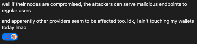 A screenshot of two chat messages discussing a security vulnerability in crypto wallet providers, where compromised nodes could serve malicious endpoints to users, causing the commenter to avoid using their wallets. The messages relate to the post's advice by illustrating user reactions and caution following news of a widespread crypto wallet security incident.