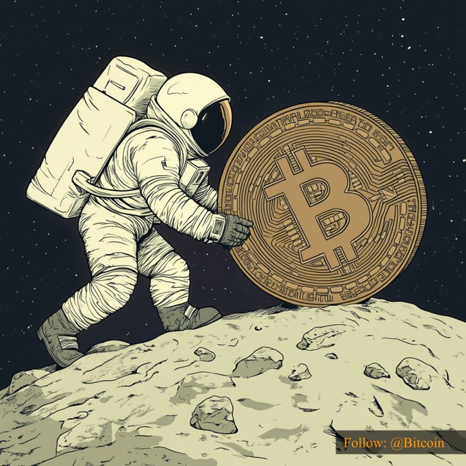 An astronaut on the moon pushes a large golden Bitcoin coin, visually symbolizing Bitcoin's continued upward trajectory to $64,323.52 in the "Follow: @Bitcoin" illustration.