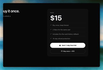 A dark-themed digital storefront listing music benefits: 'Buy once, keep forever', '2 Mics for the same user', 'Includes Dry Bus and history rollback', and '14-day refund protection' for $15 with options to start a free trial or buy once.