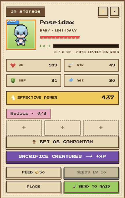 The image shows a pixel-art game interface for a "Poseidax" — a baby legendary creature with 189 HP, 49 ATK, 31 DEF, and 20 AGI, currently at level 1 with an effective power of 437. The screenshot highlights the player's excitement of acquiring another legendary creature, showcasing the fresh in-storage status before sending it to raid.