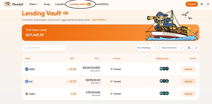 Screenshot of the Haedal Lending Vault platform showing a Total Value Locked of $411,465.59, with vaults for USDC, SUI, and haSUI available for deposit.