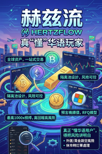 A promotional poster for 'HERTZFLOW' (赫兹流) targeting Chinese-language crypto users, featuring Bitcoin and Ethereum imagery with claims of up to 1000x leverage trading.