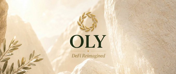 An image featuring the OLY logo—a gold laurel wreath above the letters "OLY"—set against a bright, sunlit mountain landscape with the tagline "DeFi Reimagined." The image serves as a branding banner for the OLY project, suggesting a sense of stability and grandeur in contrast to the volatility mentioned in the accompanying text.