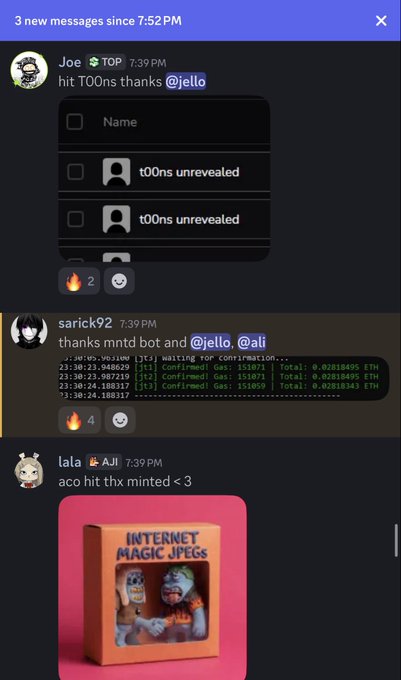 A Discord conversation showing users celebrating hitting t00ns, with sarick92 sharing a Minted bot transaction log displaying multiple "Confirmed!" entries with ETH totals (0.02818495, 0.02818495, 0.02818343), and lala posting an "Internet Magic JPEGs" NFT image in response to the successful @just_t00ns ACO mint for MintedNFTs members.
