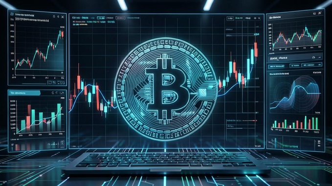 A laptop displaying a glowing blue Bitcoin (B) logo on its screen, surrounded by various cryptocurrency trading charts and graphs showing price movements.