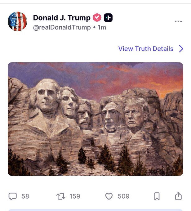 The image features a painting of four men carved into a rock, with the caption "View Truth Details". The painting depicts the faces of four historical figures, including George Washington, Abraham Lincoln, Thomas Jefferson, and John Adams. The caption also includes some text about Donald Trump's mental health issues and his love for himself.