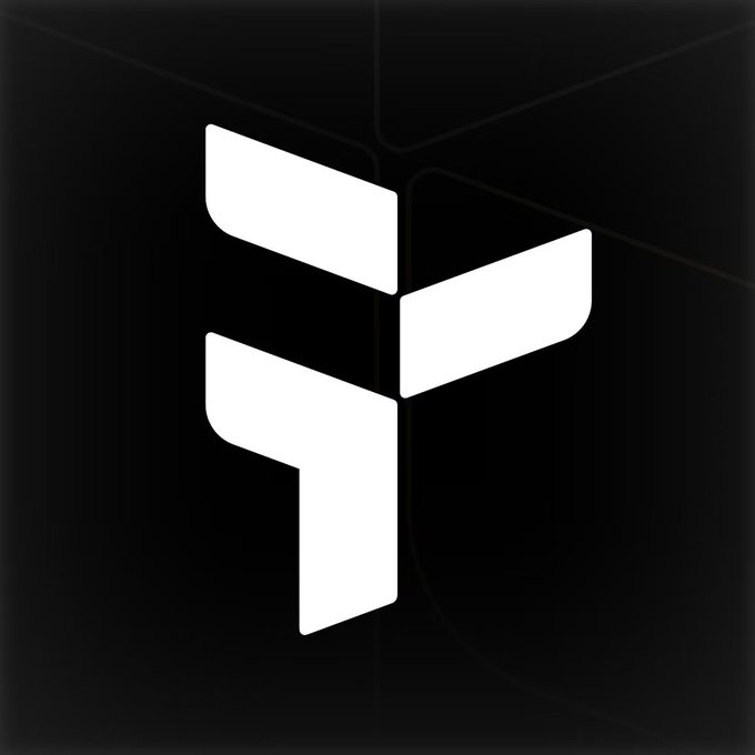 The image features a logo with a white "F" shape that has been split into three parts by a vertical line. The top part of the "F" is white, while the middle and bottom parts are black. This design creates an interesting visual effect against a black background. The image also contains text that reads: "Good evening No need to think about gas ever again? @useTria is moving toward an experience where transactions execute directly inside the".