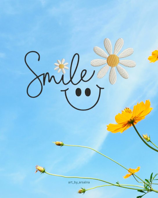 A digital graphic featuring a hand-drawn smiley face with a daisy flower, accompanied by the cursive word 'Smile' and yellow cosmos flowers against a blue sky background, credited to 'art_by_arsalna'.