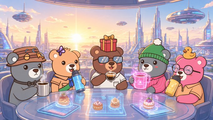 A colorful illustration of five cartoon bears wearing different hats and outfits, holding drinks and small cakes in a sci-fi futuristic setting with a city and flying saucers.