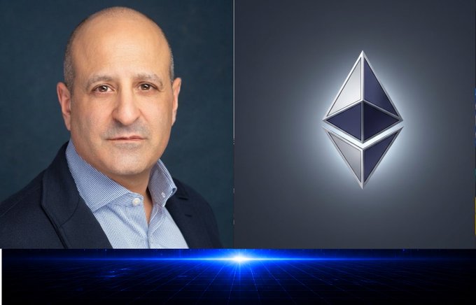 A split image showing a bald man in a blue blazer on the left and the Ethereum (ETH) cryptocurrency logo on the right against a dark background with a blue glowing floor.