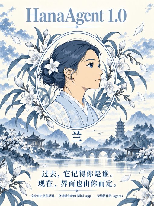 An anime-style promotional poster for 'HanaAgent 1.0' featuring a woman in profile surrounded by white blossoms and a misty landscape, with Chinese text reading '过去，它记得你是谁。现在，界面也由你而定。'