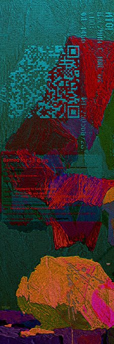 An abstract digital collage with a heavily textured background of teal and red, featuring a pixelated QR code, the text 'Banned for 15 days', and patches of orange and magenta at the bottom.