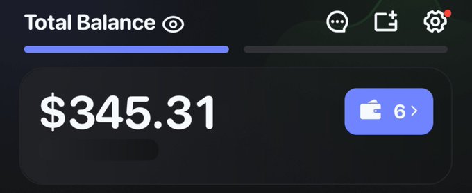 A digital wallet interface showing a 'Total Balance' of $345.31 with six wallet accounts on a dark background.