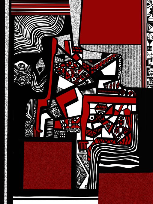 A bold abstract artwork dominated by deep red, black, and white tones features intricate geometric patterns, swirling line work, and what appears to be a stylized face, with fragments of letters along the right edge. Paired with a Frida Kahlo quote about resilience through art, the piece's fragmented, visceral style—mixing organic curves with sharp geometric shapes—visually echoes the emotional tension between brokenness and creative vitality, while noting its hand-drawn ink technique later colored digitally.