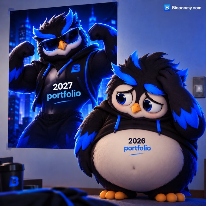 A Biconomy.com promotional image showing a muscular penguin mascot labeled '2027 portfolio' on a poster next to an overweight penguin labeled '2026 portfolio'.
