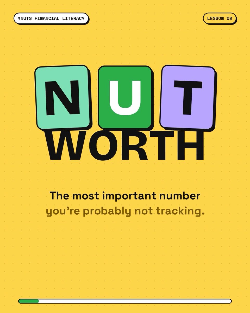 Lesson 02 cover for the '$NUTS Financial Literacy' series titled 'NUT WORTH', subtitled 'The most important number you're probably not tracking.'