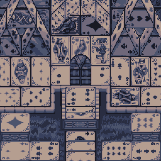 A piece of pixel art designed to look like playing cards, depicting an architectural scene in blue, white, and pink tones reminiscent of Van Gogh's "Bedroom in Arles."
