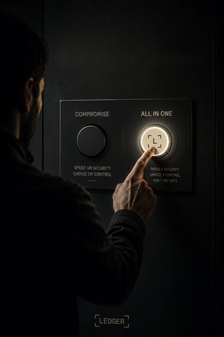 Promotional image for Ledger showing a person pressing a glowing 'ALL IN ONE' button next to a 'COMPROMISE' option, with text 'SPEED • SECURITY CHOOSE CONTROL KEEP THE KEYS'.