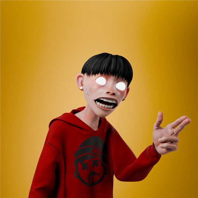 A 3D-rendered character with glowing white eyes, a wide toothy grin, dark hair in a bowl cut, and an X-shaped bandage on their cheek, wearing a red hoodie with a graphic design, gesturing with their hand against a yellow background.