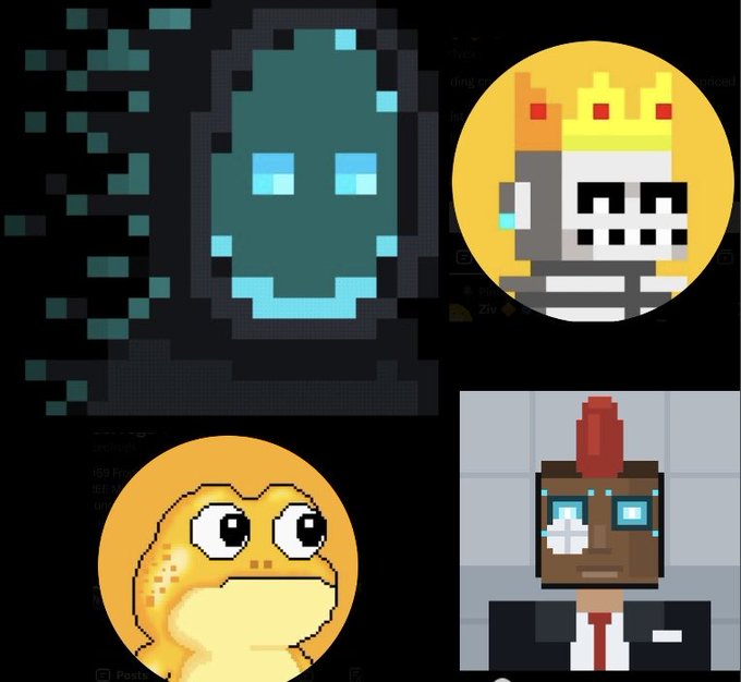 Four pixel-art characters on a dark background: a teal ghost-like figure, a skull character with a yellow crown on an orange circular background, a yellow frog/lizard creature with large eyes, and a person with red hair and blue glasses wearing a suit and tie.