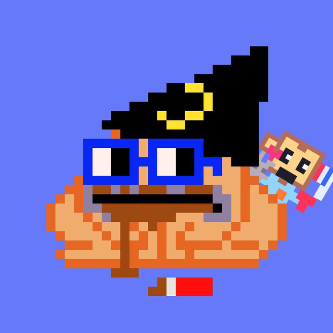 Pixel art illustration on a blue background featuring a character with sunglasses, dark hair, and orange-tinted skin holding a small pixelated figure.