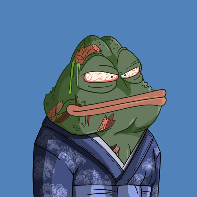 A battered, bloodshot Pepe the Frog dressed in a floral kimono glares menacingly, embodying the edgy "gambler's ruin" aesthetic that promotes the Solana mint raffle at somethingridiculous.fun.