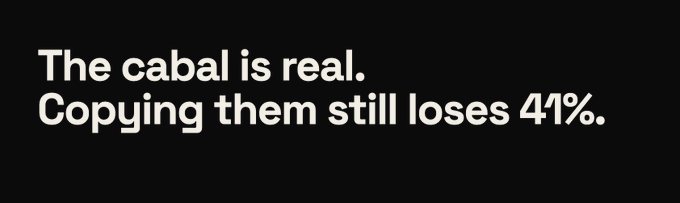 White text on a black background reads "The cabal is real. Copying them still loses 41%," presenting a key finding from the accompanying post's comprehensive audit of memecoin trading on Solana's pump fun and Stonk platforms.