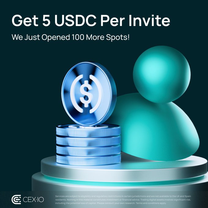 The image features an advertisement for CEXIO, a cryptocurrency exchange platform. The main focus of the advertisement is a promotional offer that encourages users to share their link with friends or family members who are interested in investing in cryptocurrency. The text on the image reads "We just added 100 MORE SPOTS! Only 5 days left ... only in select countries". This message highlights the limited-time nature of the promotion and emphasizes the importance of taking advantage of this opportunity before it expires.