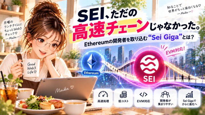 Japanese cryptocurrency advertisement featuring an illustrated woman with glasses promoting SEI as a high-speed chain, comparing Ethereum and SEI logos with features like high-speed processing, low cost, and EVM compatibility.