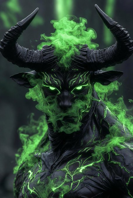 A digital artwork of a dark, demonic figure with large horns and glowing green eyes, surrounded by swirling green smoke or energy.