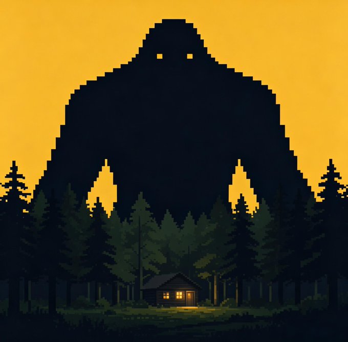 Pixel art image showing a small cabin with lit windows in a dark forest, set against a yellow sky, with a large shadowy monster silhouette looming over the trees.