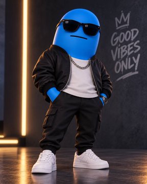 A 3D rendered blue character wearing sunglasses, a black jacket, white shirt, and white sneakers, standing in front of a chalkboard that reads 'GOOD VIBES ONLY'.