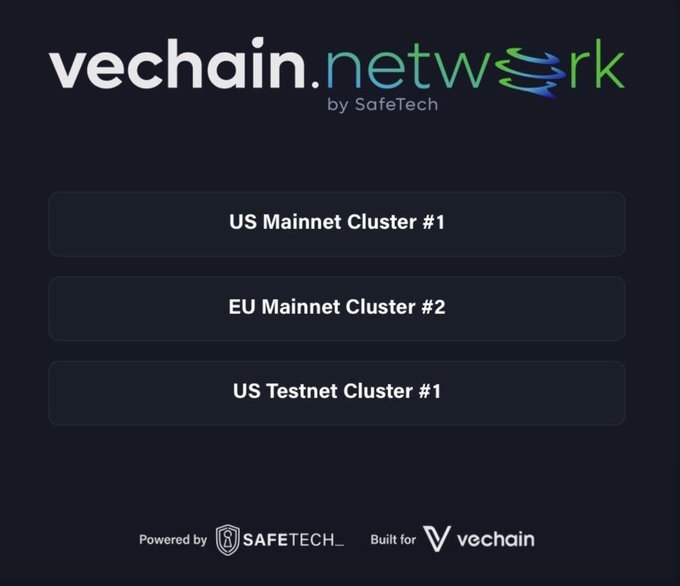 The image shows the VeChain Network by SafeTech landing page, featuring three cluster options: "US Mainnet Cluster #1," "EU Mainnet Cluster #2," and "US Testnet Cluster #1." It visually represents the upgraded network infrastructure referenced in the post, highlighting the clusters that have been successfully updated to the latest Thor version 2.4.4-05d8c16c-release.