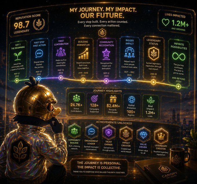 A dashboard titled 'MY JOURNEY. MY IMPACT. OUR FUTURE.' displaying a Reputation Score of 98.7 Legendary, 1.2M+ Lives Impacted, and a timeline of achievements from May 2024 through 2025 and beyond, viewed by a character in a gold helmet.